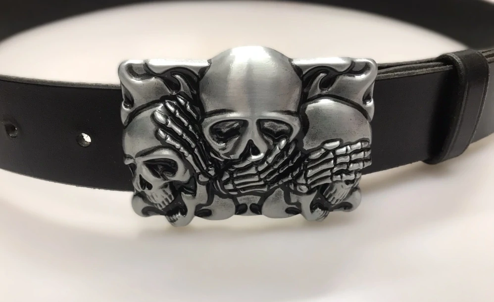 Kožený opasek 4 cm - Tři lebky