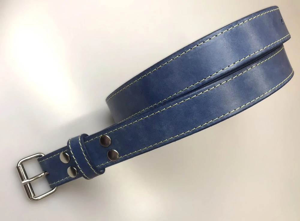 Kožený opasek 3 cm patina jeans prošitý modrý