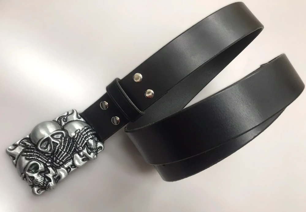 Kožený opasek 4 cm - Tři lebky