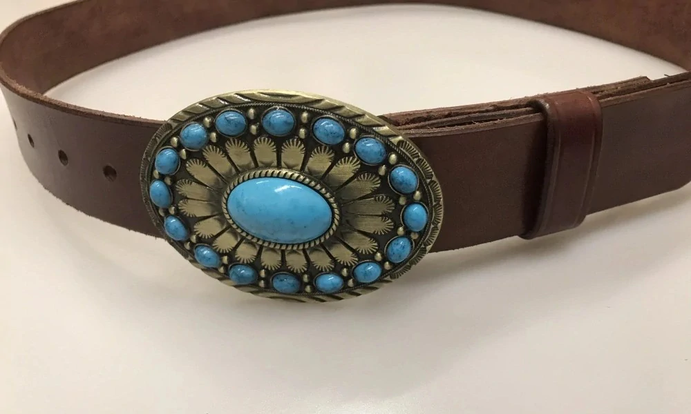 Kožený opasek 4 cm - Modré kameny staromosaz