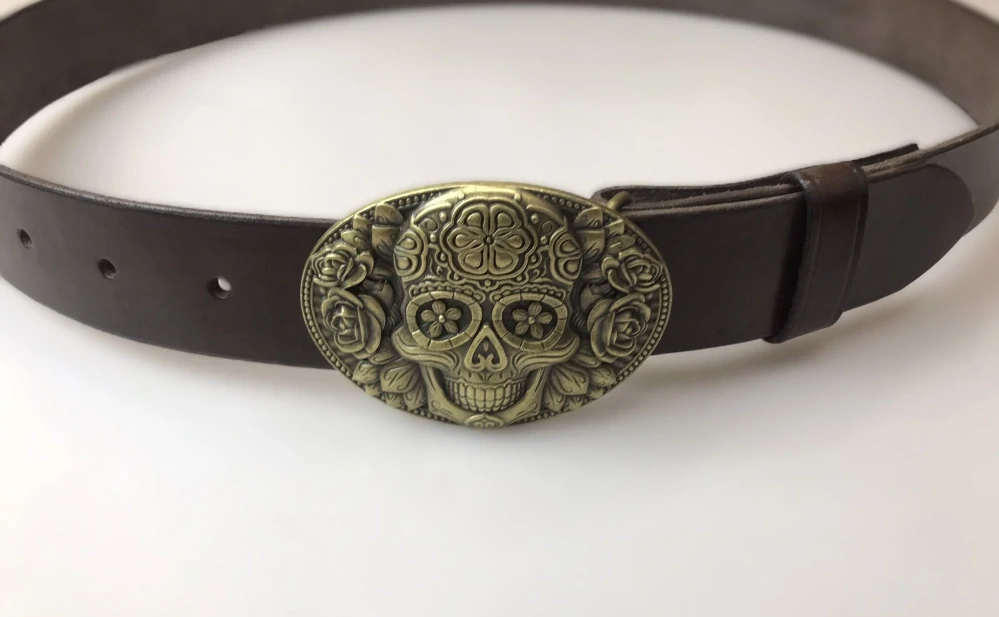 Kožený opasek 4 cm - Květinová lebka