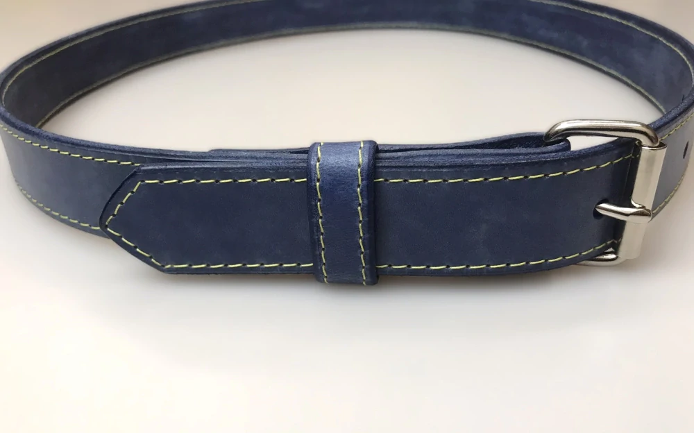 Kožený opasek 3 cm patina jeans prošitý modrý