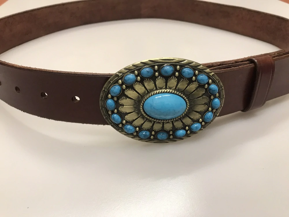 Kožený opasek 4 cm - Modré kameny staromosaz