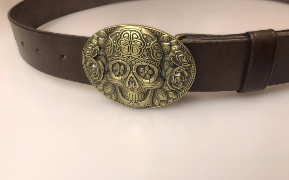 Kožený opasek 4 cm - Květinová lebka