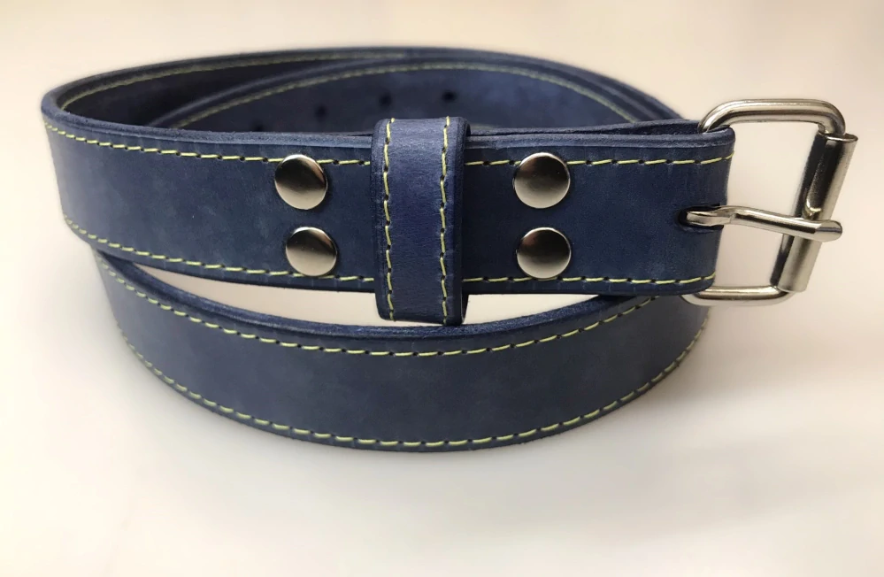Kožený opasek 3 cm patina jeans prošitý modrý