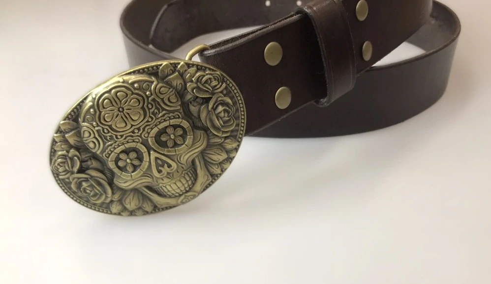 Kožený opasek 4 cm - Květinová lebka