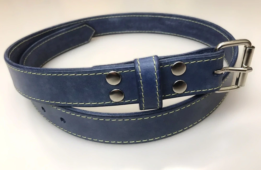 Kožený opasek 3 cm patina jeans prošitý modrý