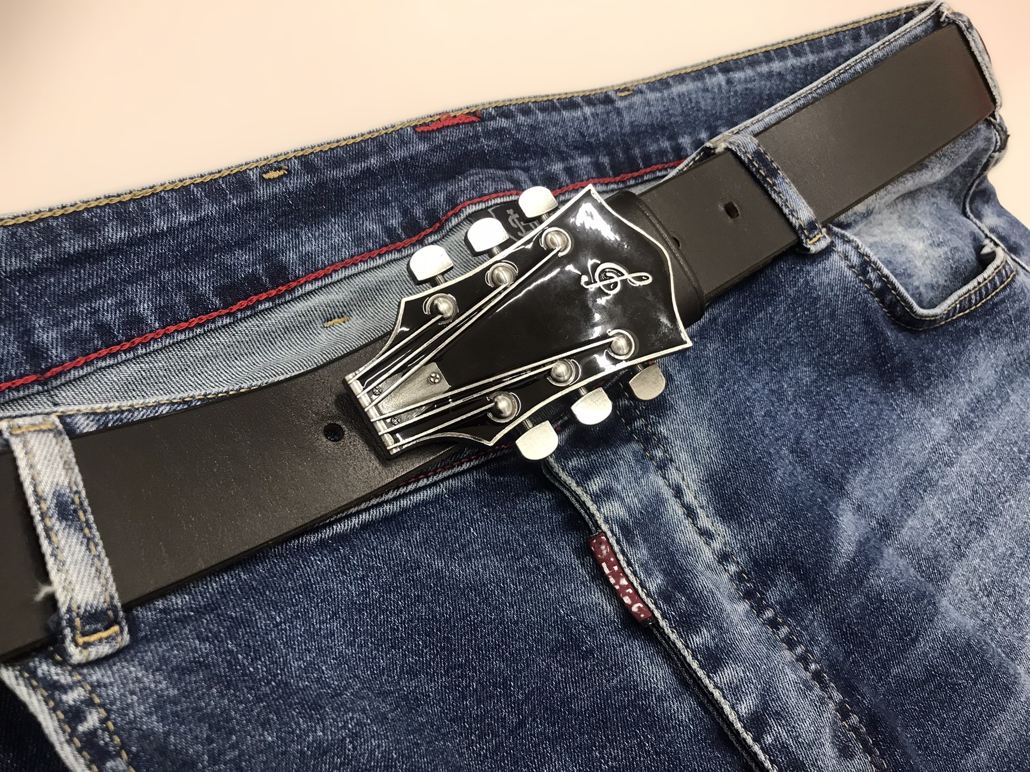 Kožený PÁNSKÝ černý opasek 4 cm - Kytara