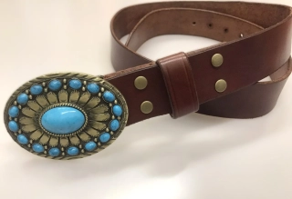 Kožený opasek 4 cm - Modré kameny staromosaz