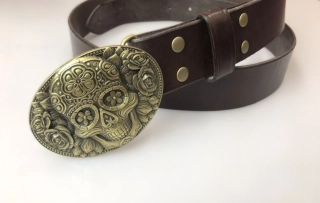 Kožený opasek 4 cm - Květinová lebka